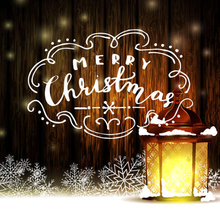 Vintage Christmas wood background with snow and snowflackes standing street light red and handwritten Merry Christmas Vectorのイラスト素材