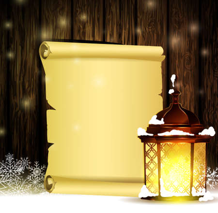 Vintage Christmas wood background with snow and snowflackes standing street light blank scroll paper for your wishesのイラスト素材