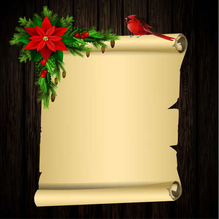Christmas background with paper scroll on a wooden wall with free space for writing your wishes with poinsettia and pine cones with a bird Vector.のイラスト素材