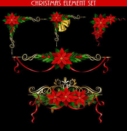 Christmas decoration set with evergreen treess holly golden bels and poinsettia isolated on black with swirls for cornersのイラスト素材