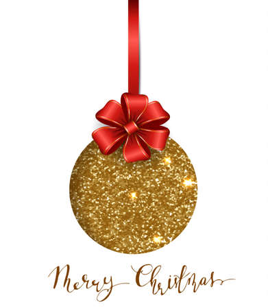 Merry Christmas Background with Gold Hanging Bauble Vector illustration. Gold Glitter Texture and handwritten textのイラスト素材