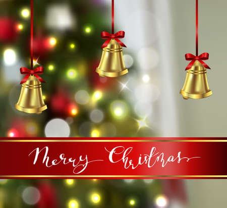 Background with Christmas gold bells on blured Christmas tree background greeting card vectorのイラスト素材