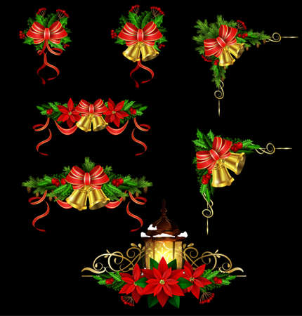 Christmas decoration set with evergreen treess holly and pinecones and bow street light isolated vectorのイラスト素材