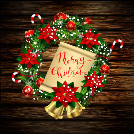 White card with Christmas wreath and bow and bells isolated on white background with poinsettia with handwritten Merry Christmas on wooden wallのイラスト素材