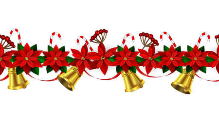 Seamless border Bright Fun Christmas Winter Holidays Patterns with poinsettia and green holly and berries and golden bellsのイラスト素材