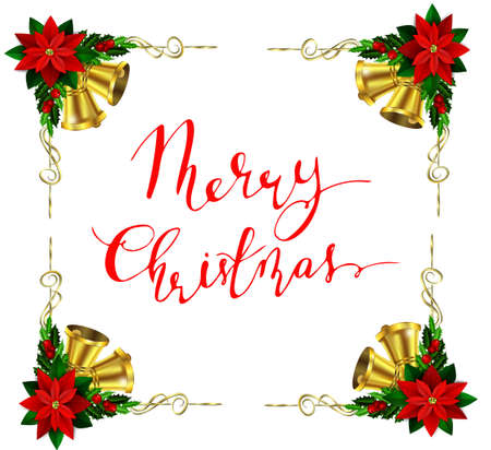 Christmas greeting card with frame from corner elements decoration with evergreen treess holly and berries and poinsettia isolated with golden bellsのイラスト素材
