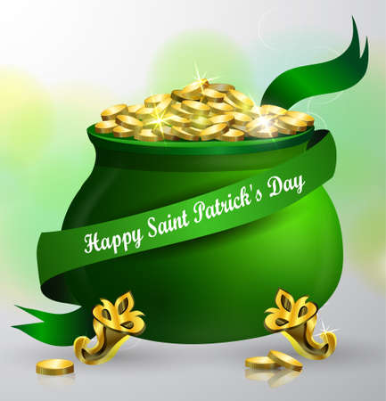 St. Patrick s Day symbol green pot full of gold coins with ribbon and greetings Vector illustrationのイラスト素材