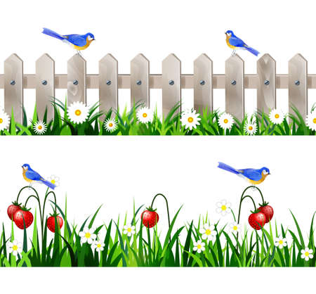 Birds in a field with green grass and fruits.のイラスト素材