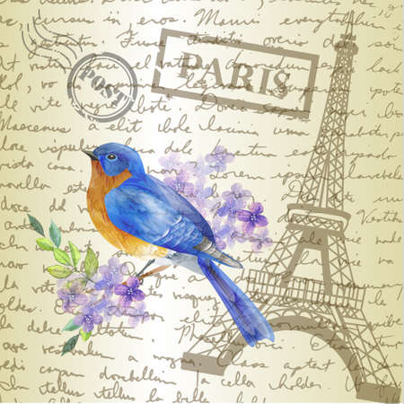 table top with sketching paper and bluebird on hand-drawn writing background with eiffel tower vectorのイラスト素材