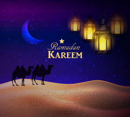 hanging lanterns in the desert at night sky with moon and camel silhouettes vectorのイラスト素材