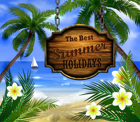 summer wooden sign on tropical beach backgroundのイラスト素材