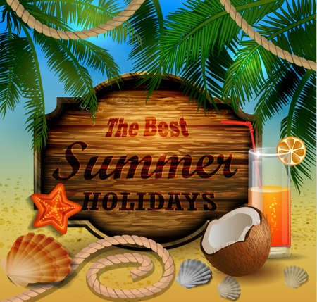 Beautiful beach view with wooden boardのイラスト素材