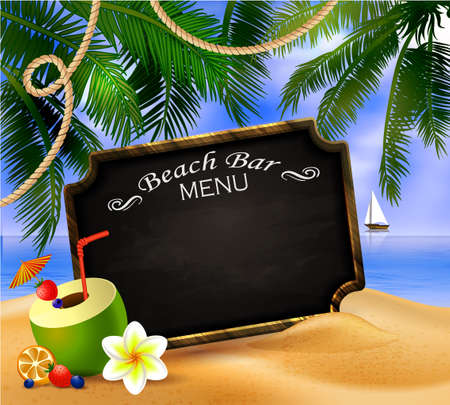 tropical vector background with leaves of palm trees summer sky and clouds wooden frame and chalk board for beach bar or restaurant menu coconut on a sand beach.のイラスト素材