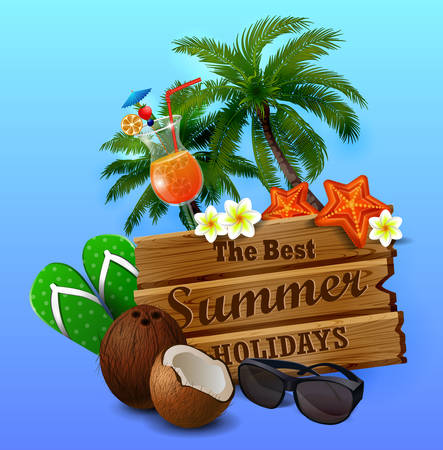 wooden board on tropical backgroundのイラスト素材