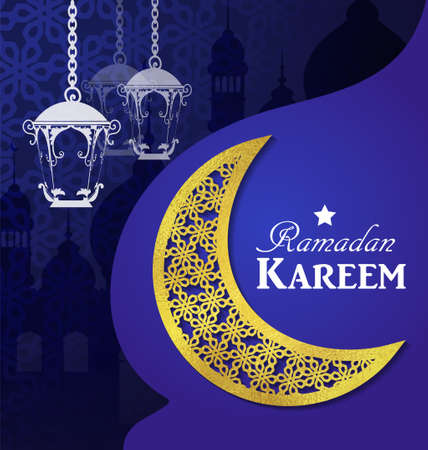 Arabic illustration of Ramadan Kareem on blue paper with Silhouette of mosque and white hanging lights and foil moon vectorのイラスト素材