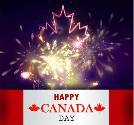 Firework and neon maple leaf and Canada flag for Canada day Vector backgroundのイラスト素材