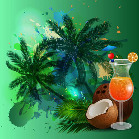 Summer background with palm trees and juiceのイラスト素材
