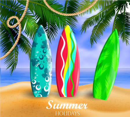 Surfboards on a beach against a sunny seascape and palms.のイラスト素材