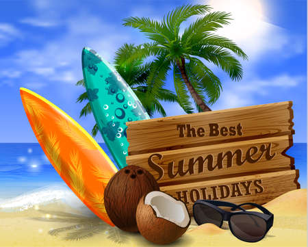 Wooden board on tropical background with sunglasses surfing boards and exotic beverage and coconuts vectorのイラスト素材