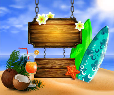 summer wooden sign on tropical beach background vectorのイラスト素材