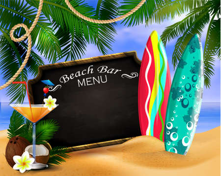 Tropical with leaves of palm trees summer sky and clouds wooden frame and chalk board for beach bar or restaurant.のイラスト素材