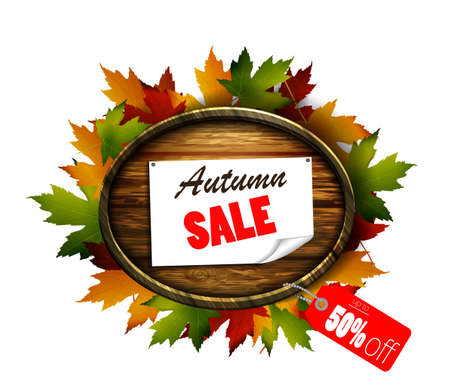Realistic illustration of autumn sale wooden signboard.のイラスト素材