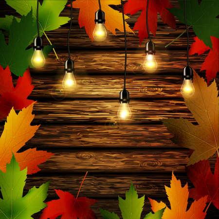 Wooden wall with autumn leaves frameのイラスト素材