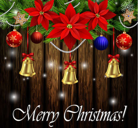 Christmas decoration with evergreen trees with balls gingerbread poinsettia golden bells on wooden backgroundのイラスト素材