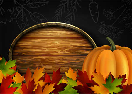 Chalkboard with autumn leaves and pumpkins.のイラスト素材