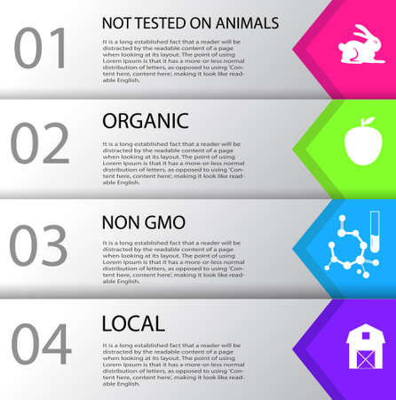 Infographic local non GMO organic cruelty free could be used for produce or cosmetics vector illustrationのイラスト素材