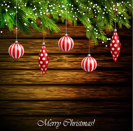 Pine branches with cones on a rustic wooden background with retro decorations vectorのイラスト素材