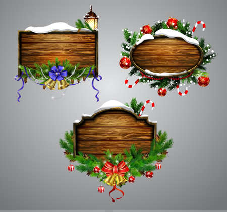 A vector realistic illustration set of wooden Christmas message board on gray background.のイラスト素材