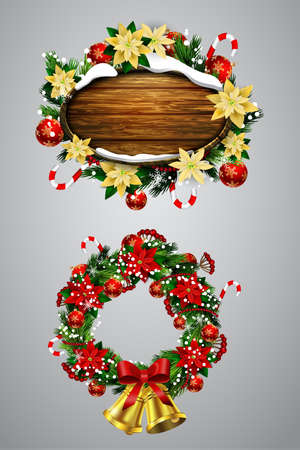 Vector realistic illustration of wooden christmas message board with christmas tree and decorations and Christmas wreath setのイラスト素材