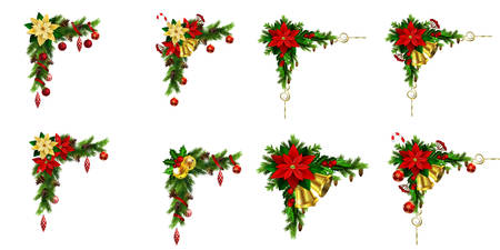 Christmas decoration set with evergreen trees, pine cones and poinsettia.のイラスト素材