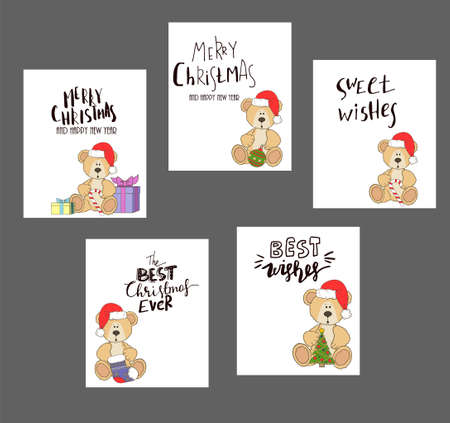 Christmas greetings with teddy bear wearing and christmas hat.のイラスト素材