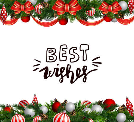 Vector Christmas decoration with evergreen trees christmas bubbles isolated on white with handwritten greetingsのイラスト素材