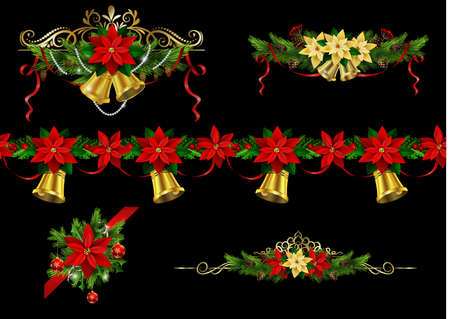 Christmas decoration collection with evergreen treess holly and metal swirl forging Vector seamless ornament includedのイラスト素材