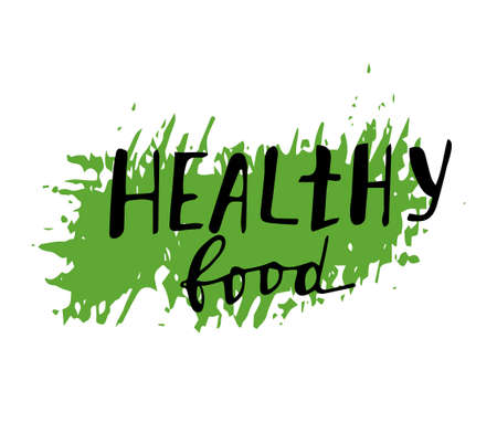Grunge splash banner. Vector splatter labels with handwritten healthy food symbol.のイラスト素材