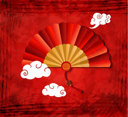 Red Chinese folding fan on red grange background with clouds Vector illustrationのイラスト素材
