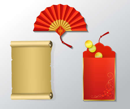 Red envelope and fan paper scroll set for Chinese New Year with dragons isolated on whiteのイラスト素材