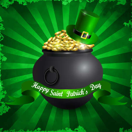 St Patrick's Day symbol. Leprechaun hat and pot of gold on ray backgroundのイラスト素材