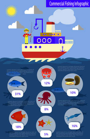 Cool vector flat design fishing boat with crew.のイラスト素材