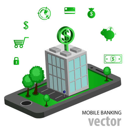 Flat isometric mobile banking, e-banking concepts. 3D bank building is on smartphone, isolated. vector illustrationのイラスト素材