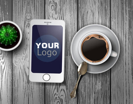 Coffee cup and smartphone on a wooden tableのイラスト素材
