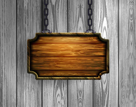 Blank wooden signboard hanging on chain isolated on wooden wall background. Vector illustration.のイラスト素材