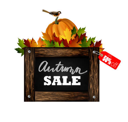 Autumn sale. Autumn leaves are drawn with chalk on a black chalkboard. Sketch, design elements. Vector.のイラスト素材