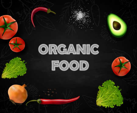 Realistic vector Vegetables with concept logo for Organic Shop on black backgroundのイラスト素材