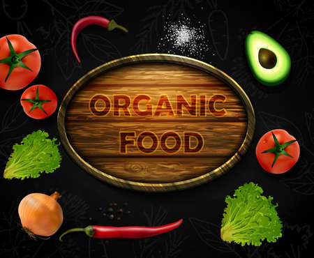 Realistic vector Vegetables with concept logo for Organic Shop on black backgroundのイラスト素材