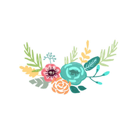 Set of floral bouquet hand-drawn isolated on white background with classical and tropical flowersのイラスト素材