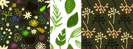 Vector hand drawn floral pattern set delicate flowers seamlessのイラスト素材